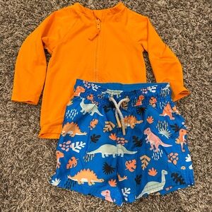 Cat & Jack Bright Orange rashguard with Dino trunks